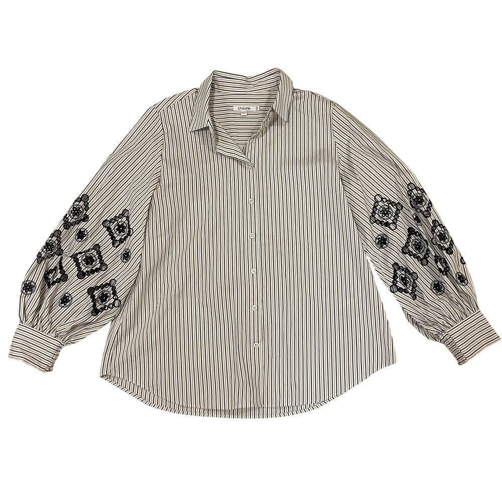 Chico’s 1.5 Embroidered Balloon Sleeve Shirt | US 10, Striped, Button Front